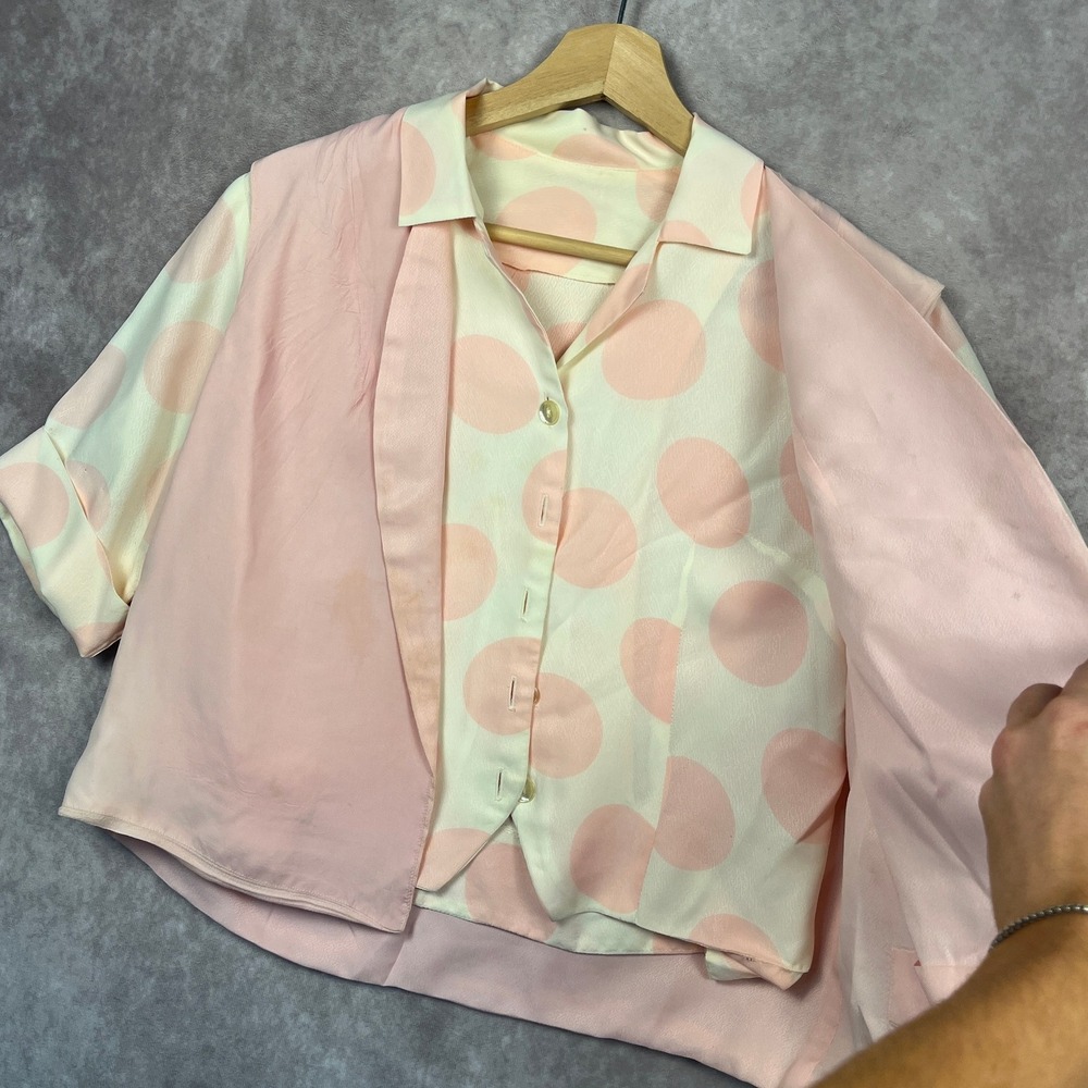 Vintage 60s Polka Dot Blouse Pink Vest Cropped Top Short Sleeve Button Up‎ - Picture 3 of 5